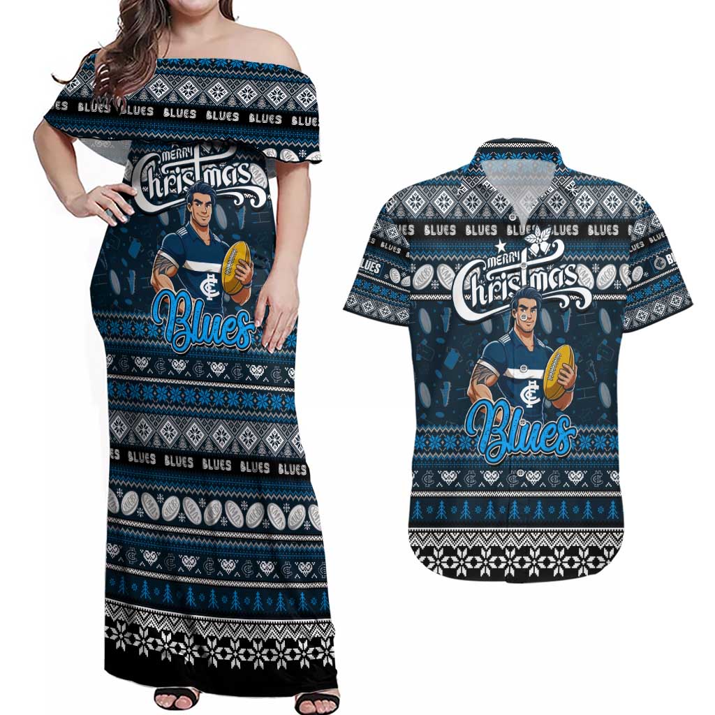 Personalized Blues Rugby Xmas Couples Matching Off Shoulder Maxi Dress and Hawaiian Shirt Australia AFL Mascot