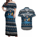 Personalized Blues Rugby Xmas Couples Matching Off Shoulder Maxi Dress and Hawaiian Shirt Australia AFL Mascot