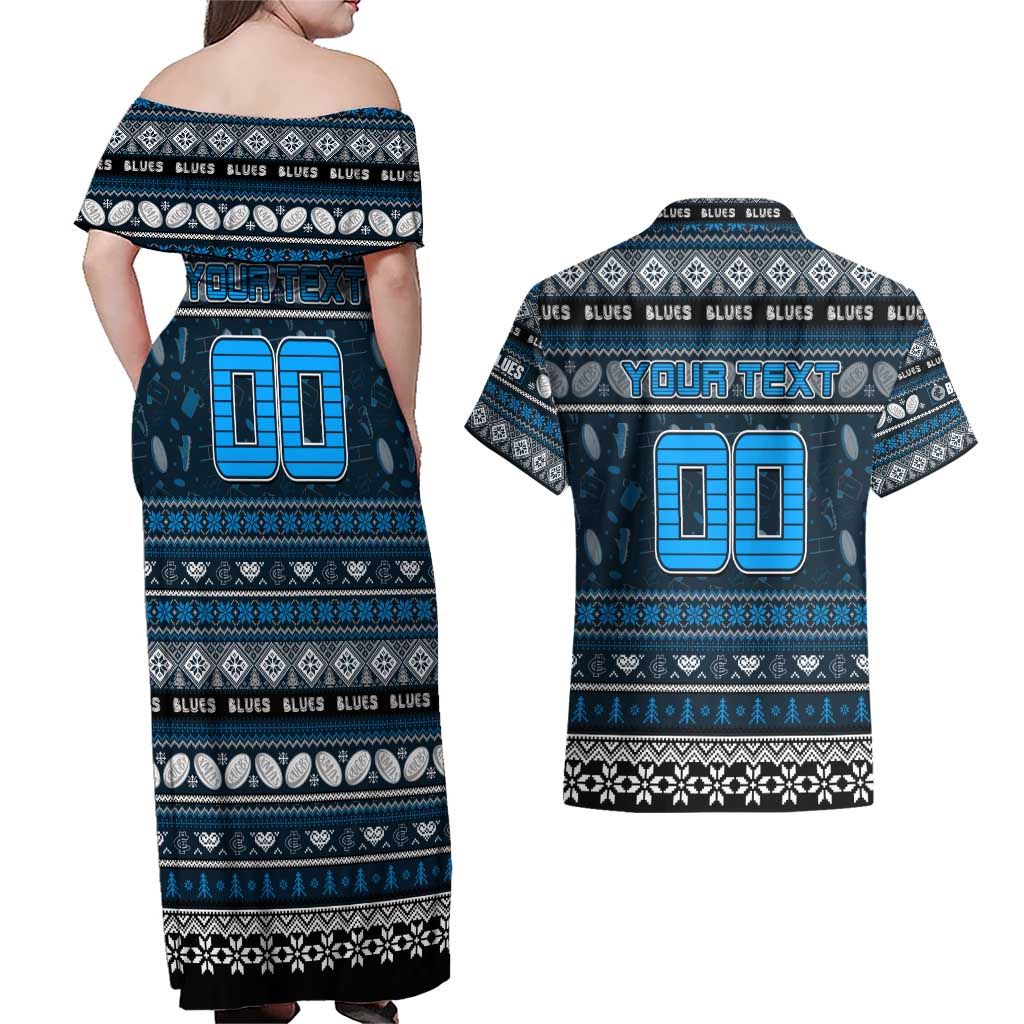 Personalized Blues Rugby Xmas Couples Matching Off Shoulder Maxi Dress and Hawaiian Shirt Australia AFL Mascot