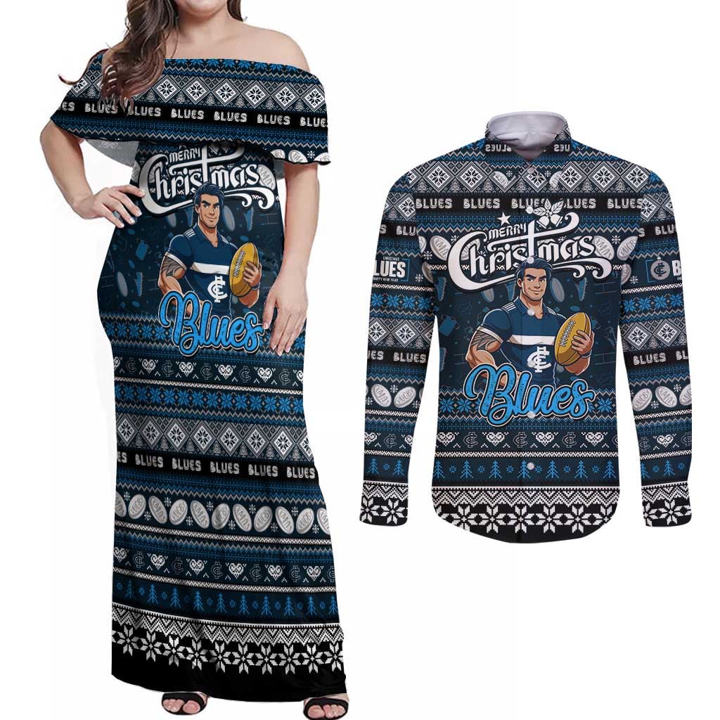 Personalized Blues Rugby Xmas Couples Matching Off Shoulder Maxi Dress and Long Sleeve Button Shirt Australia AFL Mascot