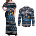 Personalized Blues Rugby Xmas Couples Matching Off Shoulder Maxi Dress and Long Sleeve Button Shirt Australia AFL Mascot
