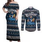Personalized Blues Rugby Xmas Couples Matching Off Shoulder Maxi Dress and Long Sleeve Button Shirt Australia AFL Mascot