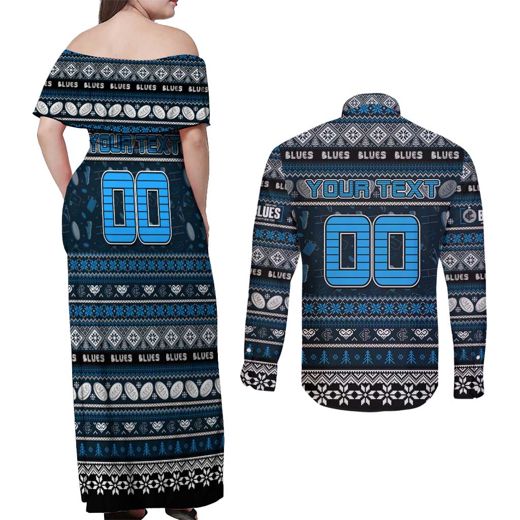 Personalized Blues Rugby Xmas Couples Matching Off Shoulder Maxi Dress and Long Sleeve Button Shirt Australia AFL Mascot