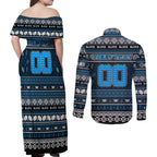 Personalized Blues Rugby Xmas Couples Matching Off Shoulder Maxi Dress and Long Sleeve Button Shirt Australia AFL Mascot