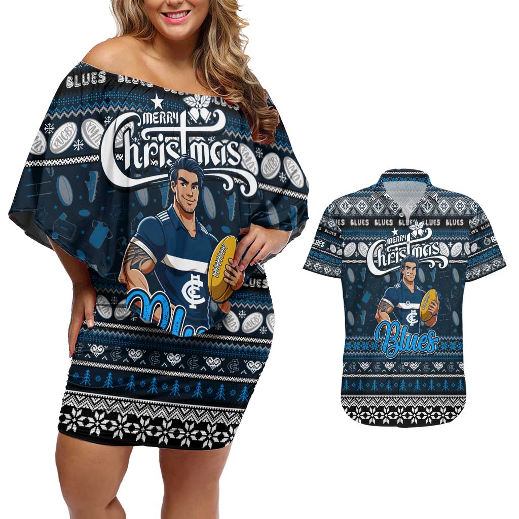 Personalized Blues Rugby Xmas Couples Matching Off Shoulder Short Dress and Hawaiian Shirt Australia AFL Mascot
