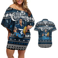 Personalized Blues Rugby Xmas Couples Matching Off Shoulder Short Dress and Hawaiian Shirt Australia AFL Mascot