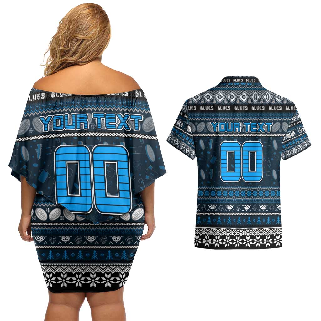 Personalized Blues Rugby Xmas Couples Matching Off Shoulder Short Dress and Hawaiian Shirt Australia AFL Mascot