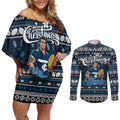 Personalized Blues Rugby Xmas Couples Matching Off Shoulder Short Dress and Long Sleeve Button Shirt Australia AFL Mascot