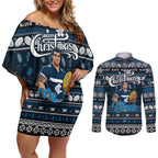 Personalized Blues Rugby Xmas Couples Matching Off Shoulder Short Dress and Long Sleeve Button Shirt Australia AFL Mascot