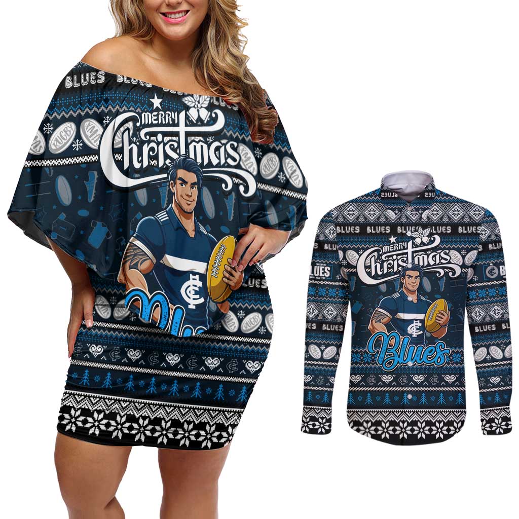 Personalized Blues Rugby Xmas Couples Matching Off Shoulder Short Dress and Long Sleeve Button Shirt Australia AFL Mascot
