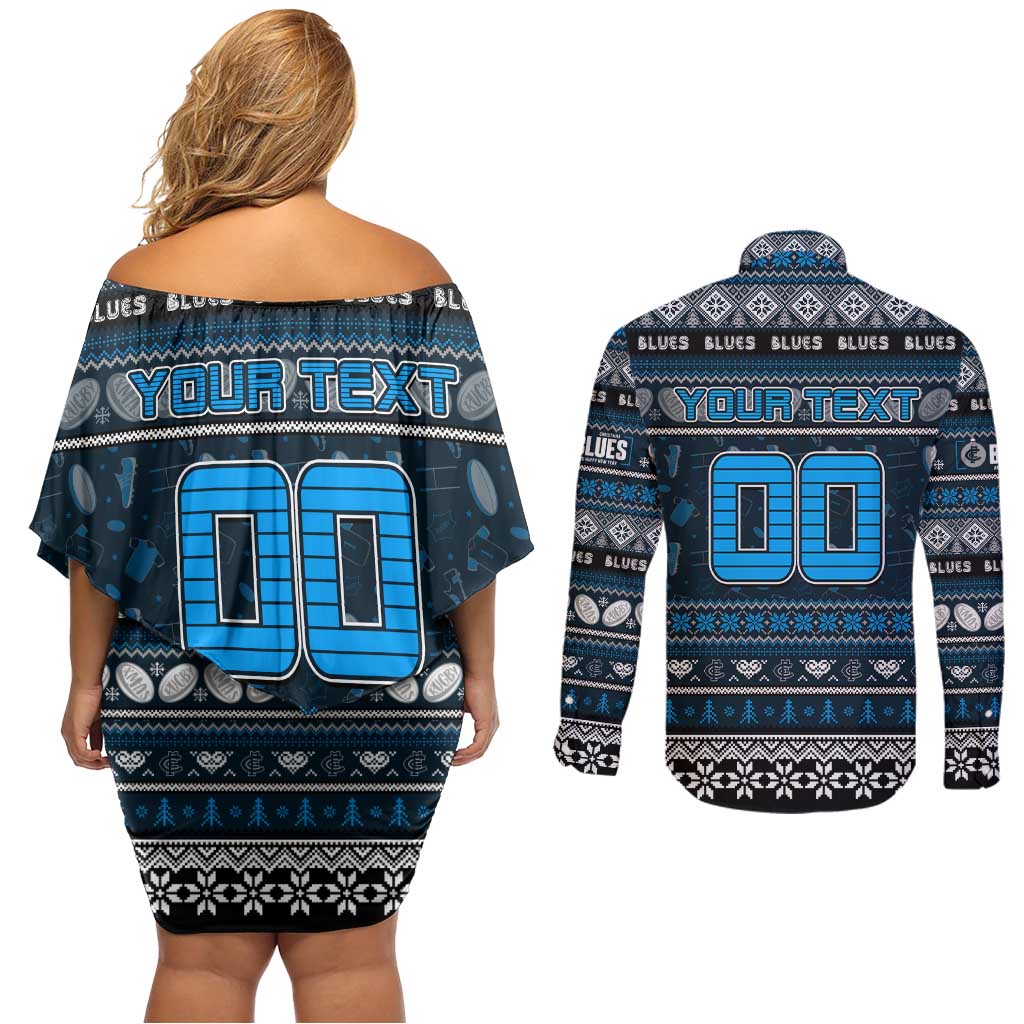 Personalized Blues Rugby Xmas Couples Matching Off Shoulder Short Dress and Long Sleeve Button Shirt Australia AFL Mascot