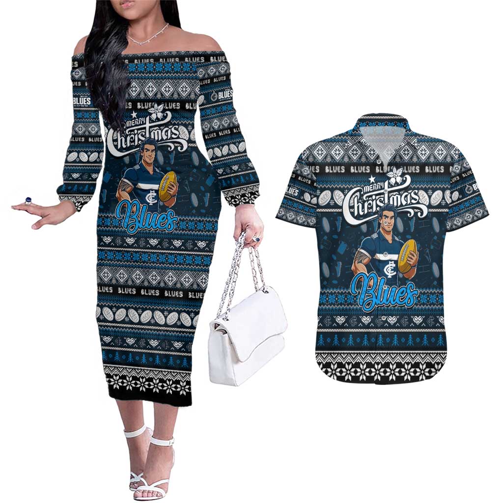 Personalized Blues Rugby Xmas Couples Matching Off The Shoulder Long Sleeve Dress and Hawaiian Shirt Australia AFL Mascot
