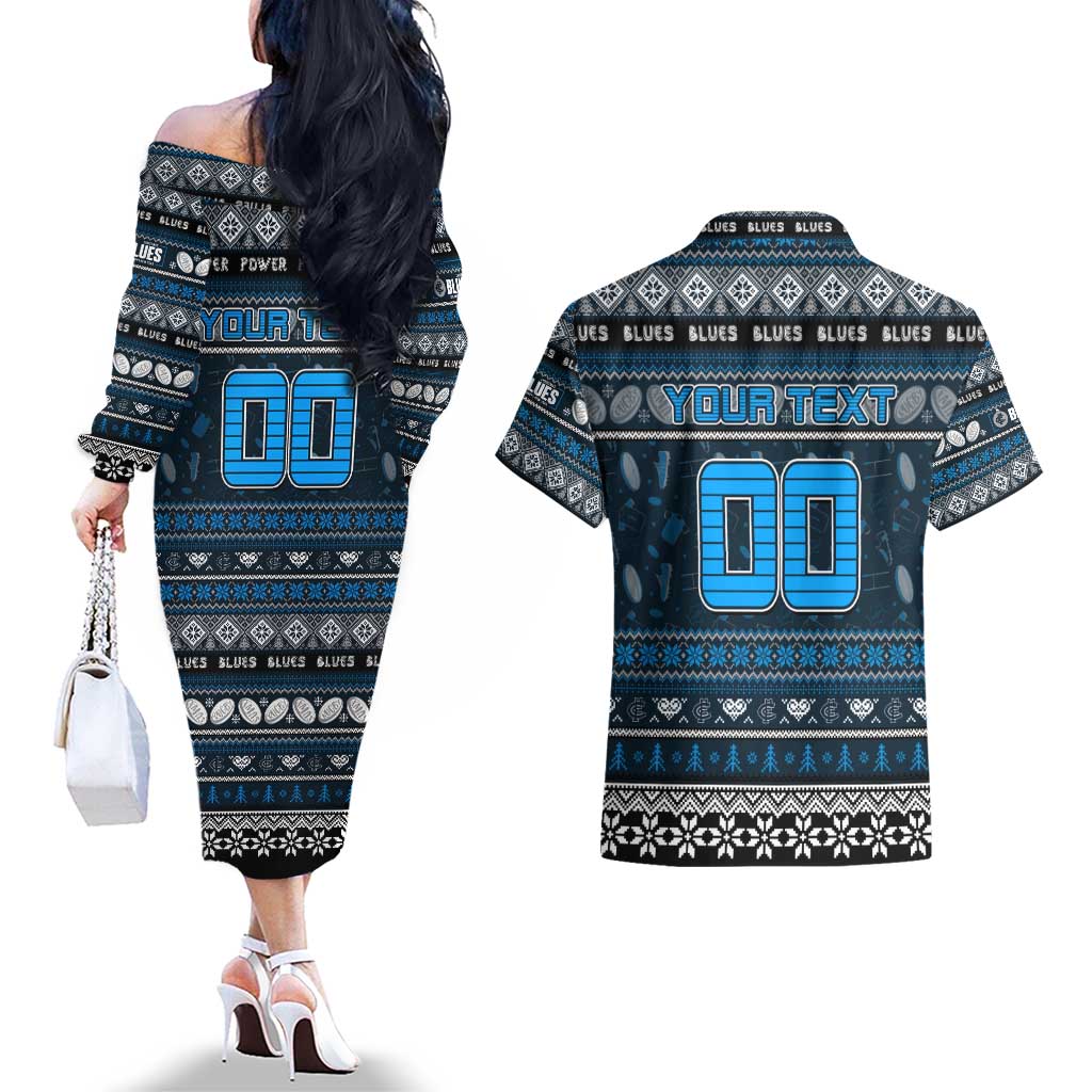 Personalized Blues Rugby Xmas Couples Matching Off The Shoulder Long Sleeve Dress and Hawaiian Shirt Australia AFL Mascot