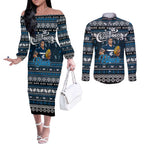 Personalized Blues Rugby Xmas Couples Matching Off The Shoulder Long Sleeve Dress and Long Sleeve Button Shirt Australia AFL Mascot