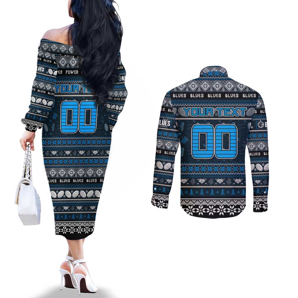 Personalized Blues Rugby Xmas Couples Matching Off The Shoulder Long Sleeve Dress and Long Sleeve Button Shirt Australia AFL Mascot