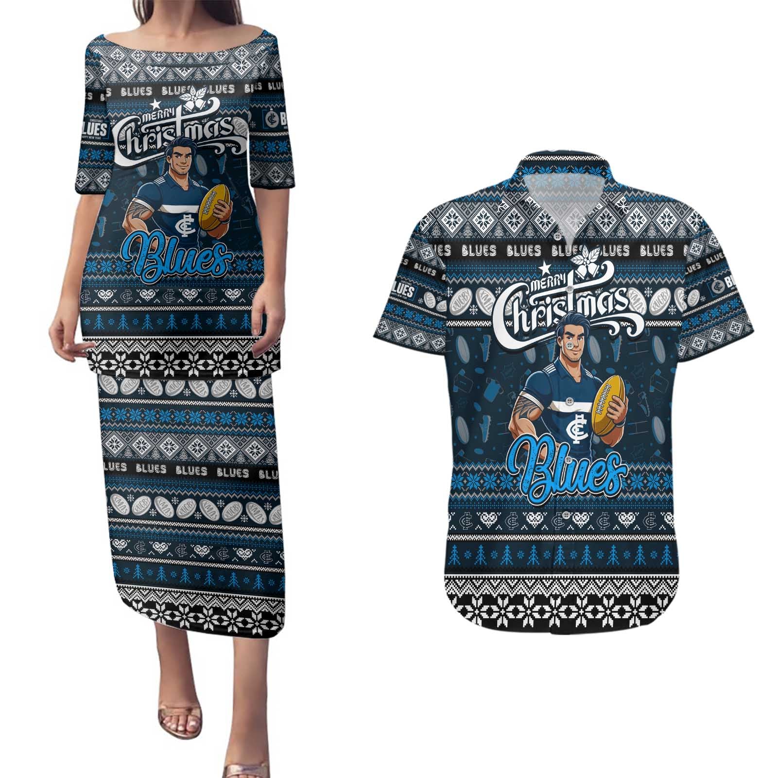 Personalized Blues Rugby Xmas Couples Matching Puletasi and Hawaiian Shirt Australia AFL Mascot