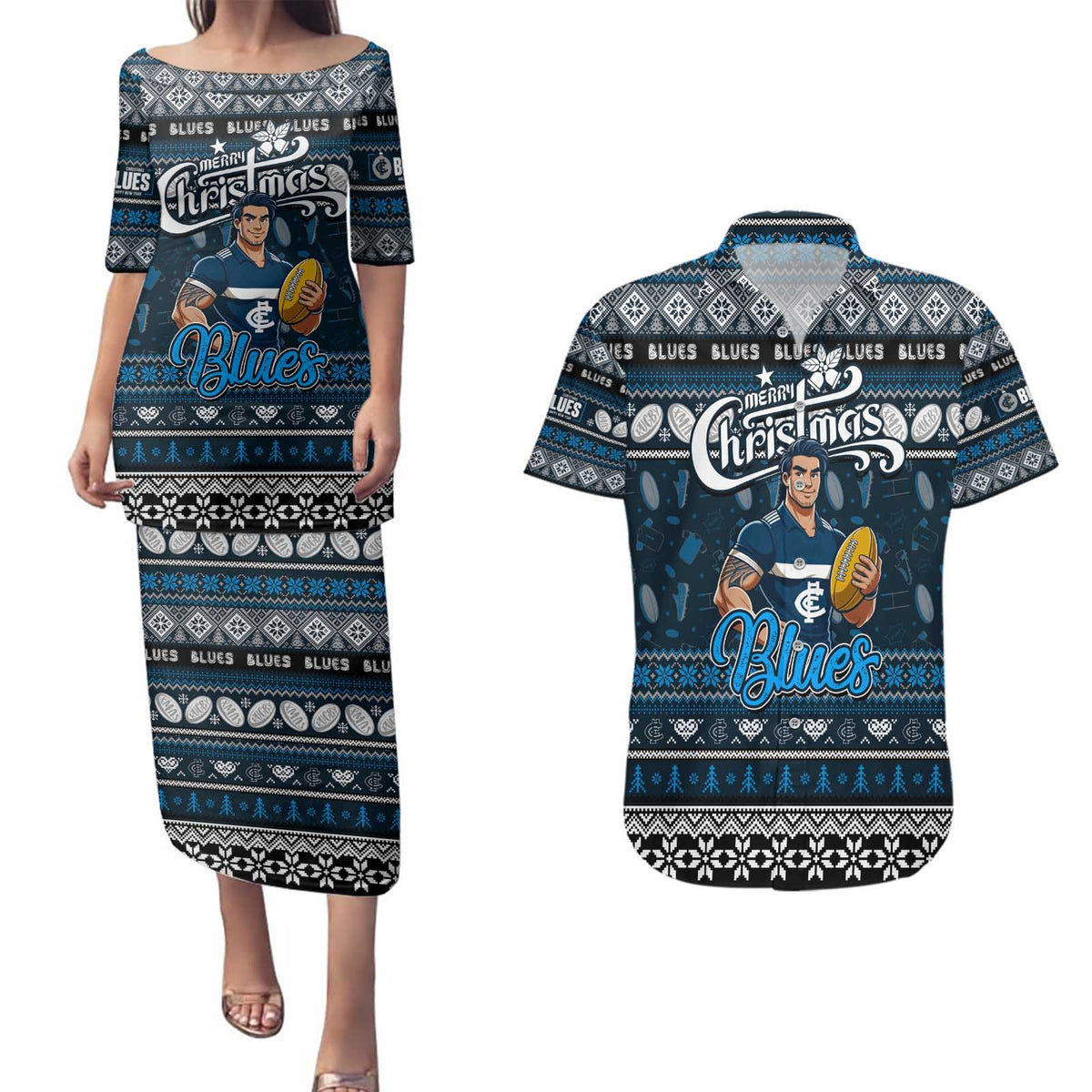 Personalized Blues Rugby Xmas Couples Matching Puletasi and Hawaiian Shirt Australia AFL Mascot