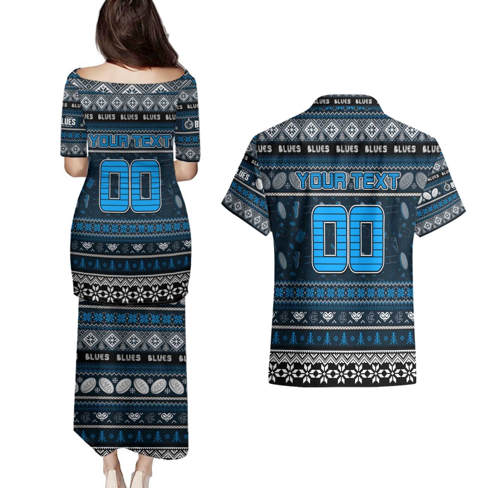 Personalized Blues Rugby Xmas Couples Matching Puletasi and Hawaiian Shirt Australia AFL Mascot