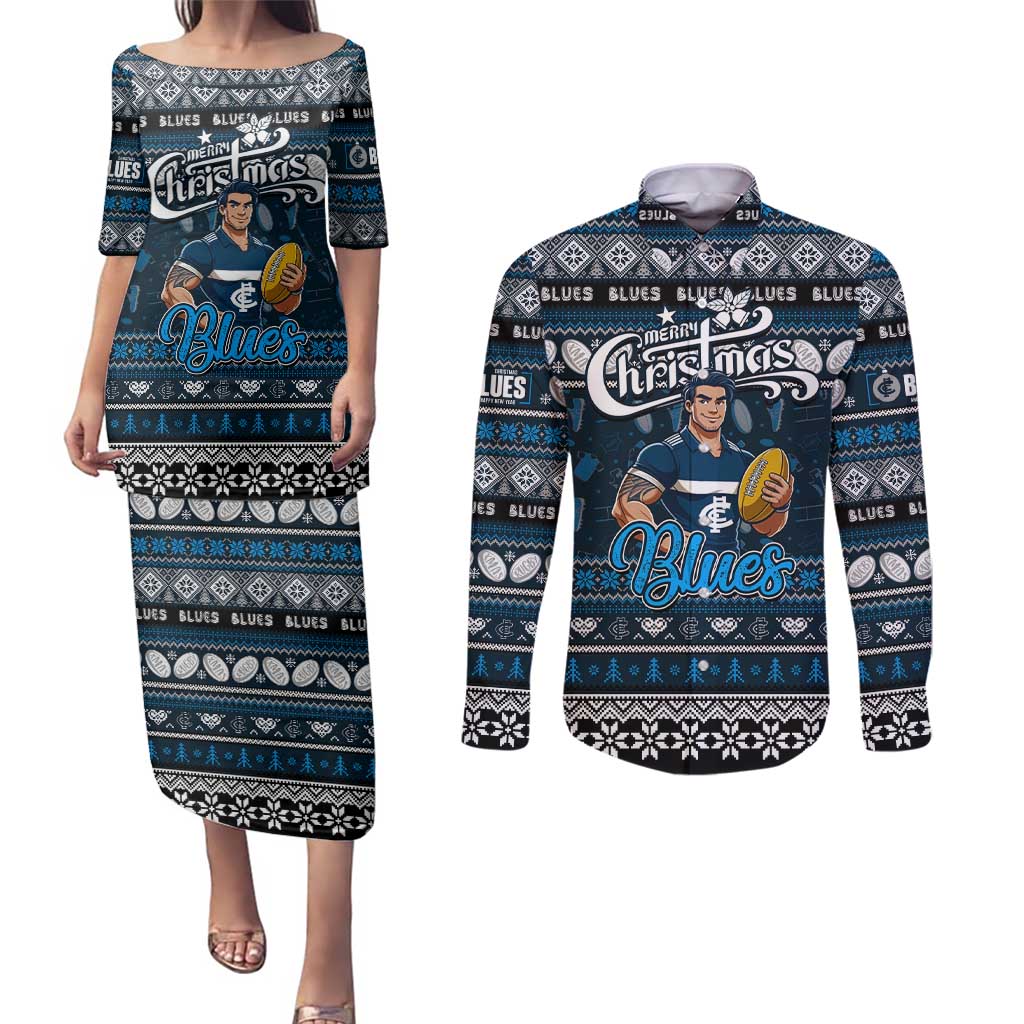 Personalized Blues Rugby Xmas Couples Matching Puletasi and Long Sleeve Button Shirt Australia AFL Mascot