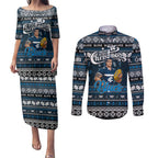 Personalized Blues Rugby Xmas Couples Matching Puletasi and Long Sleeve Button Shirt Australia AFL Mascot