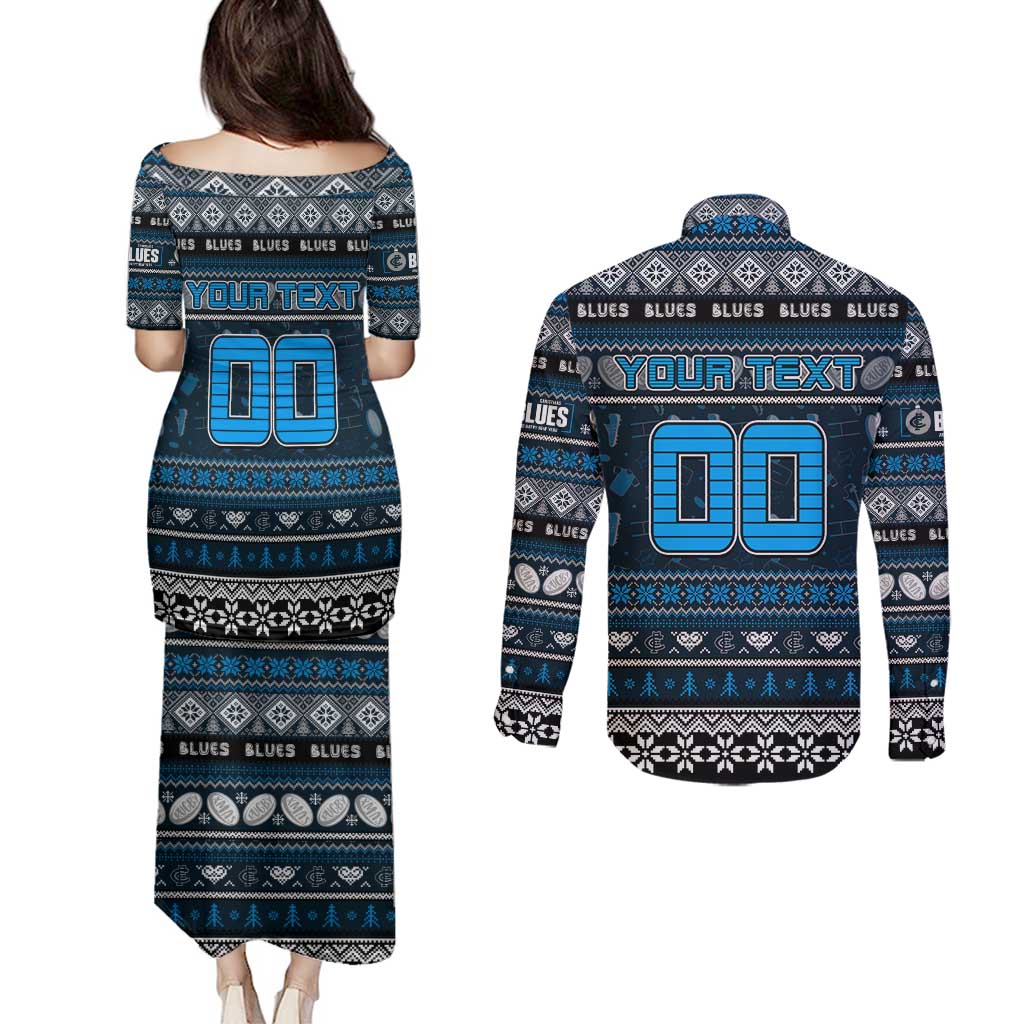 Personalized Blues Rugby Xmas Couples Matching Puletasi and Long Sleeve Button Shirt Australia AFL Mascot