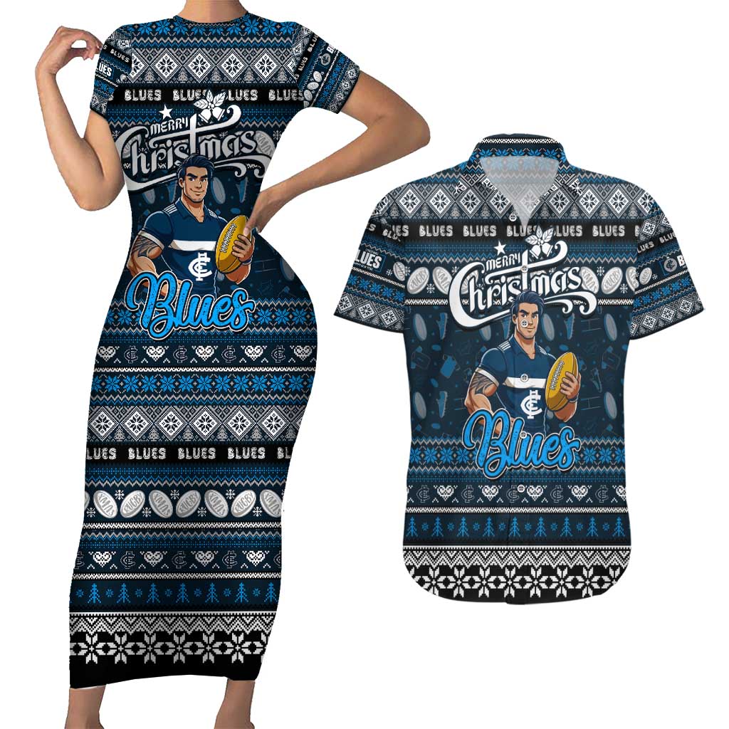 Personalized Blues Rugby Xmas Couples Matching Short Sleeve Bodycon Dress and Hawaiian Shirt Australia AFL Mascot
