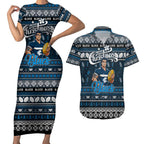 Personalized Blues Rugby Xmas Couples Matching Short Sleeve Bodycon Dress and Hawaiian Shirt Australia AFL Mascot