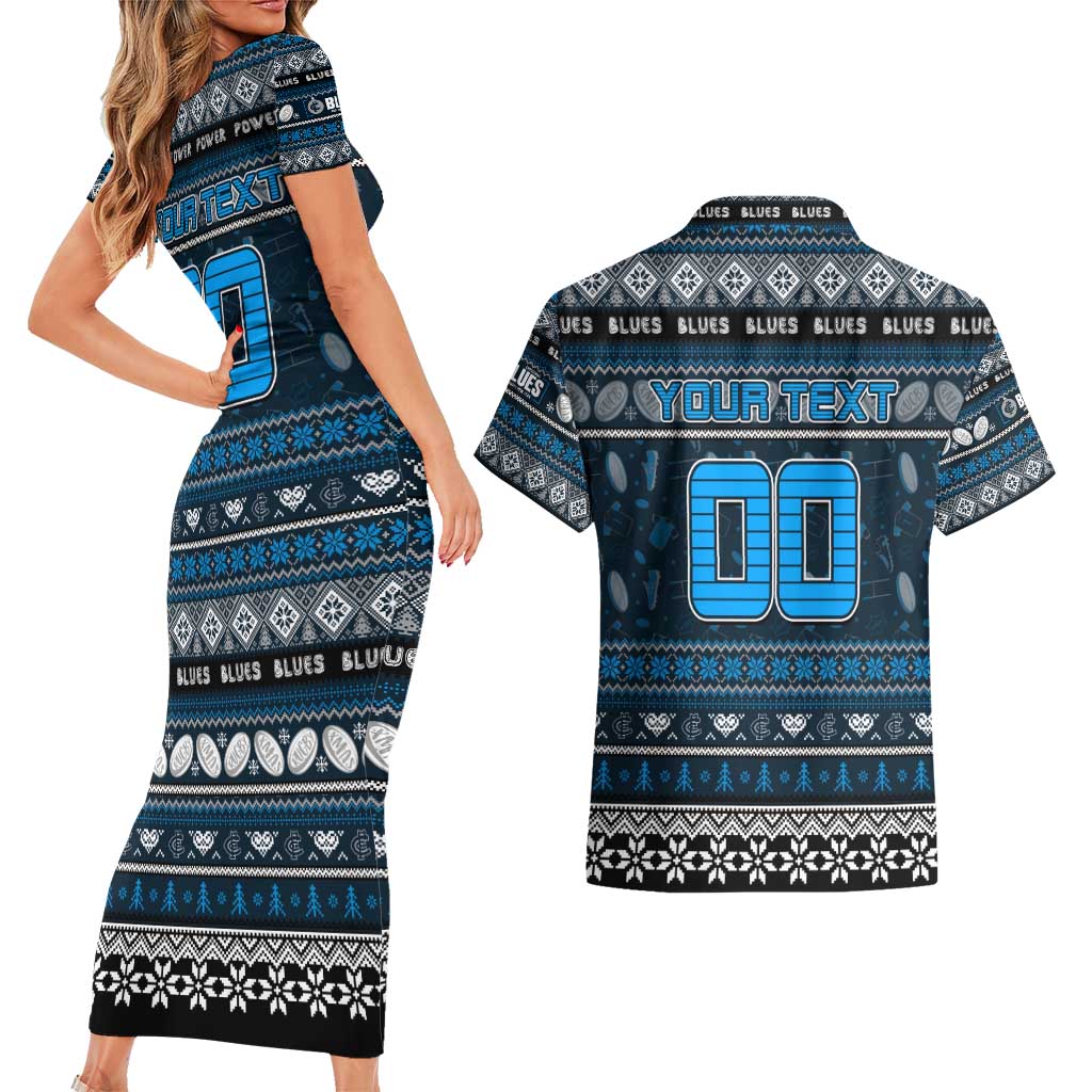 Personalized Blues Rugby Xmas Couples Matching Short Sleeve Bodycon Dress and Hawaiian Shirt Australia AFL Mascot