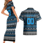 Personalized Blues Rugby Xmas Couples Matching Short Sleeve Bodycon Dress and Hawaiian Shirt Australia AFL Mascot
