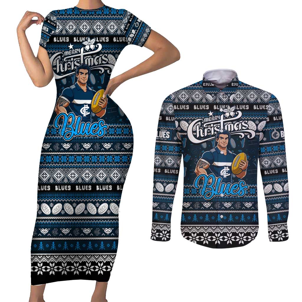 Personalized Blues Rugby Xmas Couples Matching Short Sleeve Bodycon Dress and Long Sleeve Button Shirt Australia AFL Mascot