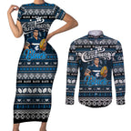 Personalized Blues Rugby Xmas Couples Matching Short Sleeve Bodycon Dress and Long Sleeve Button Shirt Australia AFL Mascot