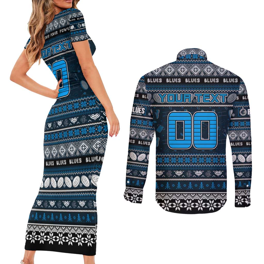 Personalized Blues Rugby Xmas Couples Matching Short Sleeve Bodycon Dress and Long Sleeve Button Shirt Australia AFL Mascot