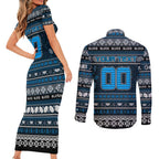 Personalized Blues Rugby Xmas Couples Matching Short Sleeve Bodycon Dress and Long Sleeve Button Shirt Australia AFL Mascot