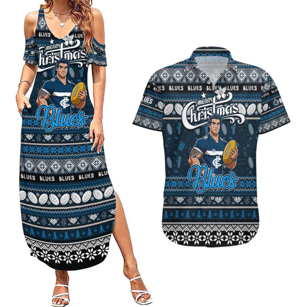 Personalized Blues Rugby Xmas Couples Matching Summer Maxi Dress and Hawaiian Shirt Australia AFL Mascot