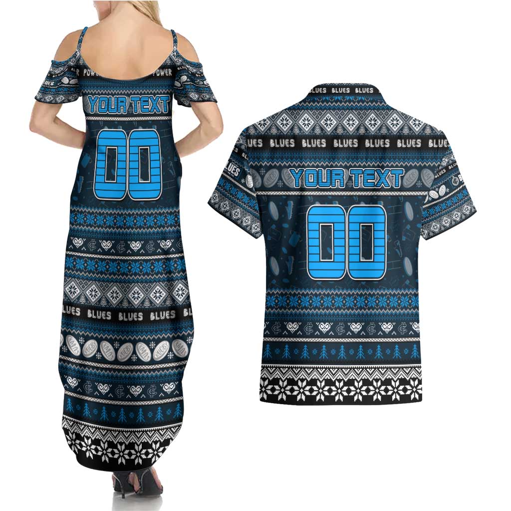 Personalized Blues Rugby Xmas Couples Matching Summer Maxi Dress and Hawaiian Shirt Australia AFL Mascot