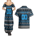 Personalized Blues Rugby Xmas Couples Matching Summer Maxi Dress and Hawaiian Shirt Australia AFL Mascot