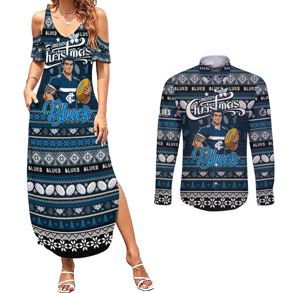 Personalized Blues Rugby Xmas Couples Matching Summer Maxi Dress and Long Sleeve Button Shirt Australia AFL Mascot