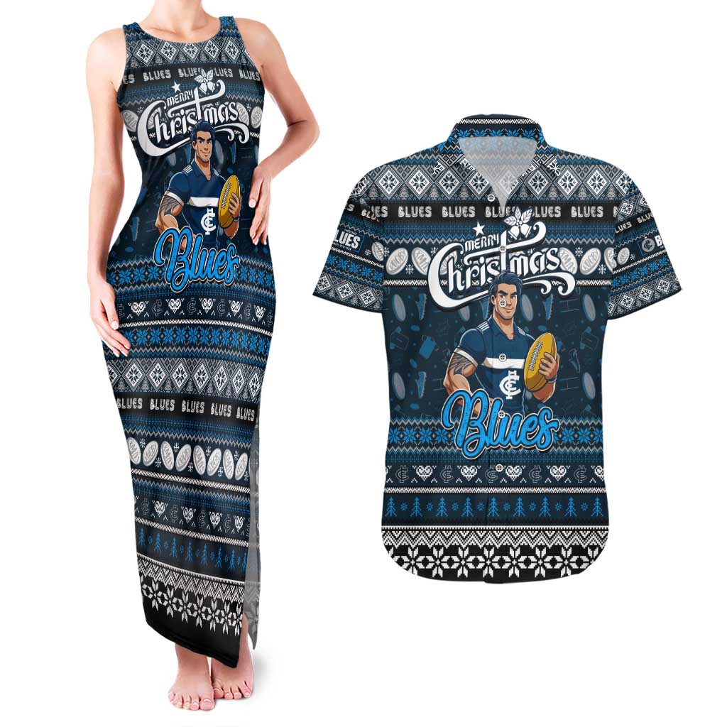 Personalized Blues Rugby Xmas Couples Matching Tank Maxi Dress and Hawaiian Shirt Australia AFL Mascot