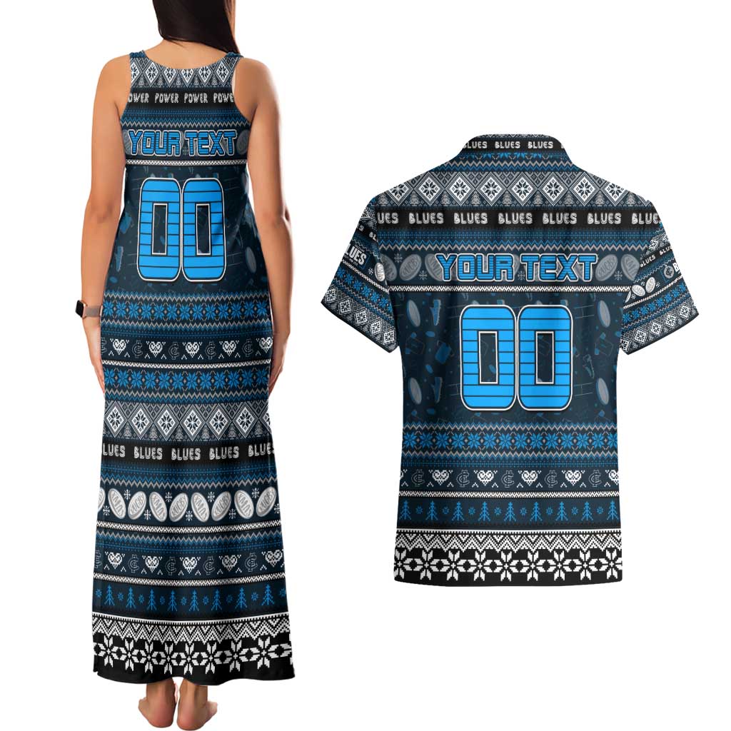 Personalized Blues Rugby Xmas Couples Matching Tank Maxi Dress and Hawaiian Shirt Australia AFL Mascot