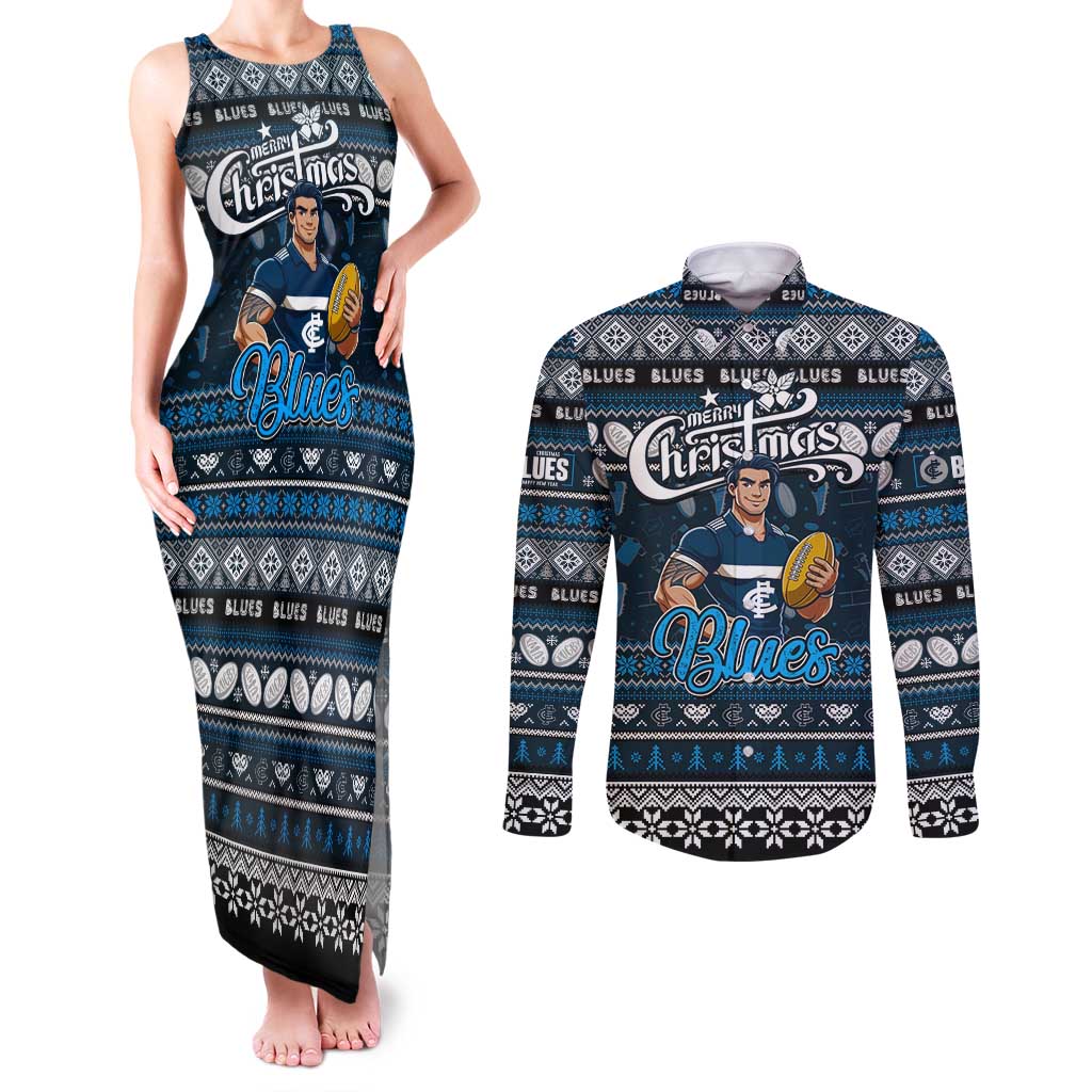 Personalized Blues Rugby Xmas Couples Matching Tank Maxi Dress and Long Sleeve Button Shirt Australia AFL Mascot
