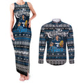 Personalized Blues Rugby Xmas Couples Matching Tank Maxi Dress and Long Sleeve Button Shirt Australia AFL Mascot