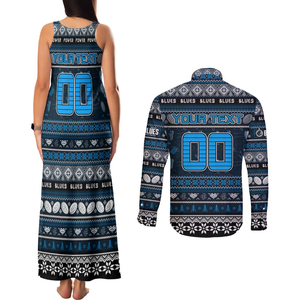 Personalized Blues Rugby Xmas Couples Matching Tank Maxi Dress and Long Sleeve Button Shirt Australia AFL Mascot