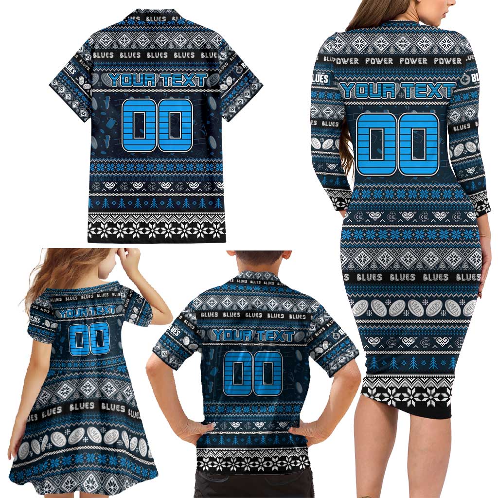 Personalized Blues Rugby Xmas Family Matching Long Sleeve Bodycon Dress and Hawaiian Shirt Australia AFL Mascot