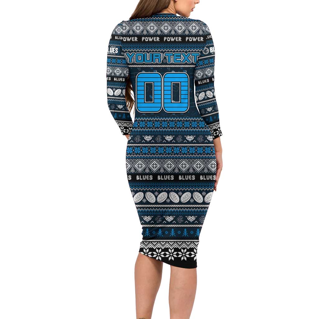 Personalized Blues Rugby Xmas Family Matching Long Sleeve Bodycon Dress and Hawaiian Shirt Australia AFL Mascot