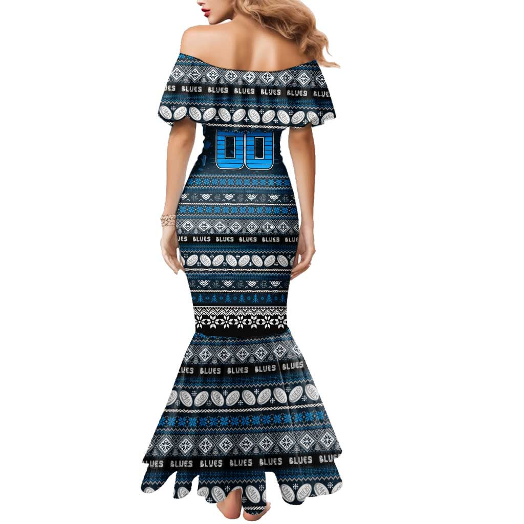 Personalized Blues Rugby Xmas Family Matching Mermaid Dress and Hawaiian Shirt Australia AFL Mascot
