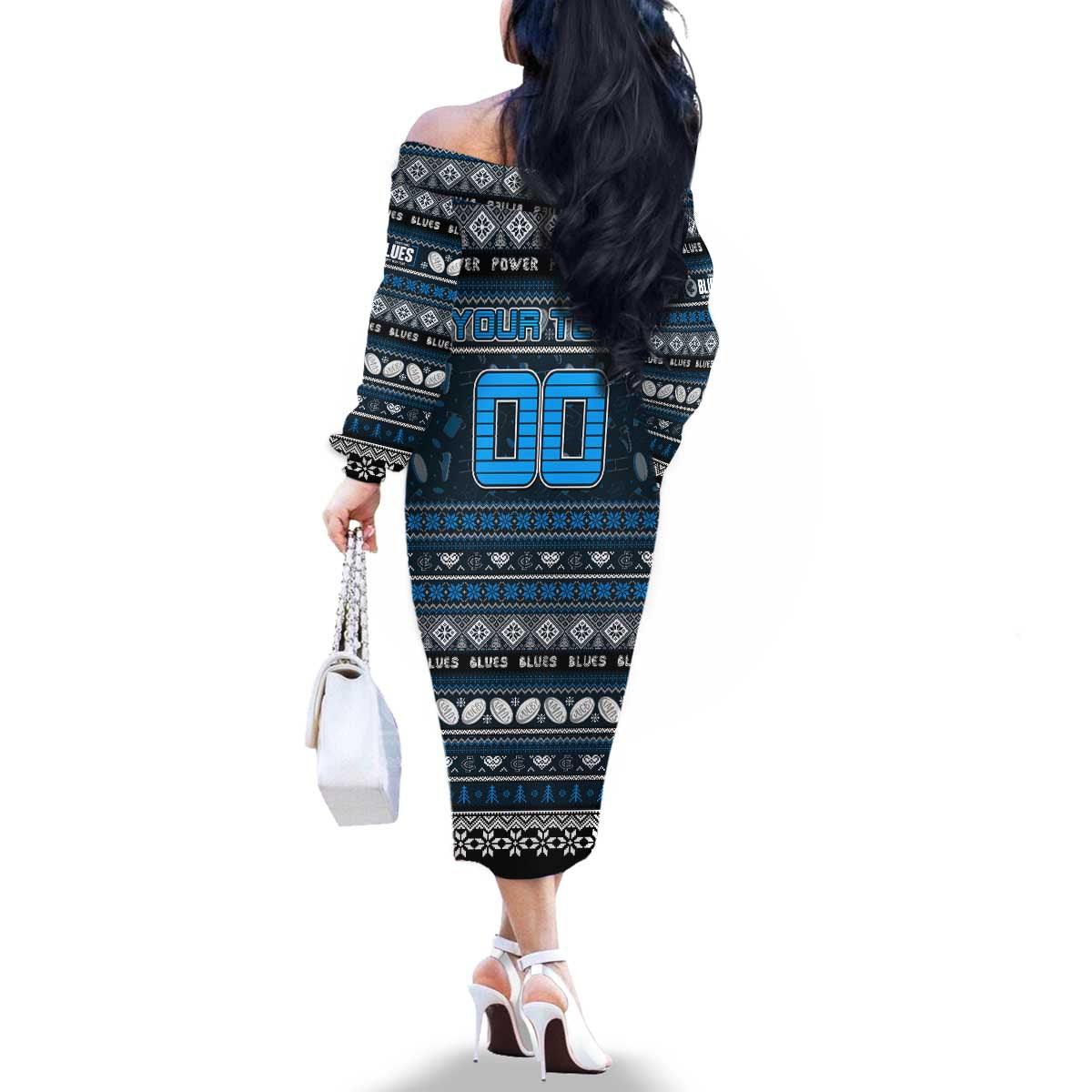 Personalized Blues Rugby Xmas Family Matching Off The Shoulder Long Sleeve Dress and Hawaiian Shirt Australia AFL Mascot