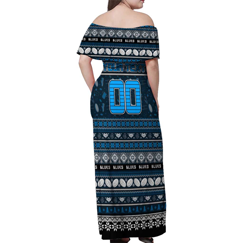Personalized Blues Rugby Xmas Family Matching Off Shoulder Maxi Dress and Hawaiian Shirt Australia AFL Mascot