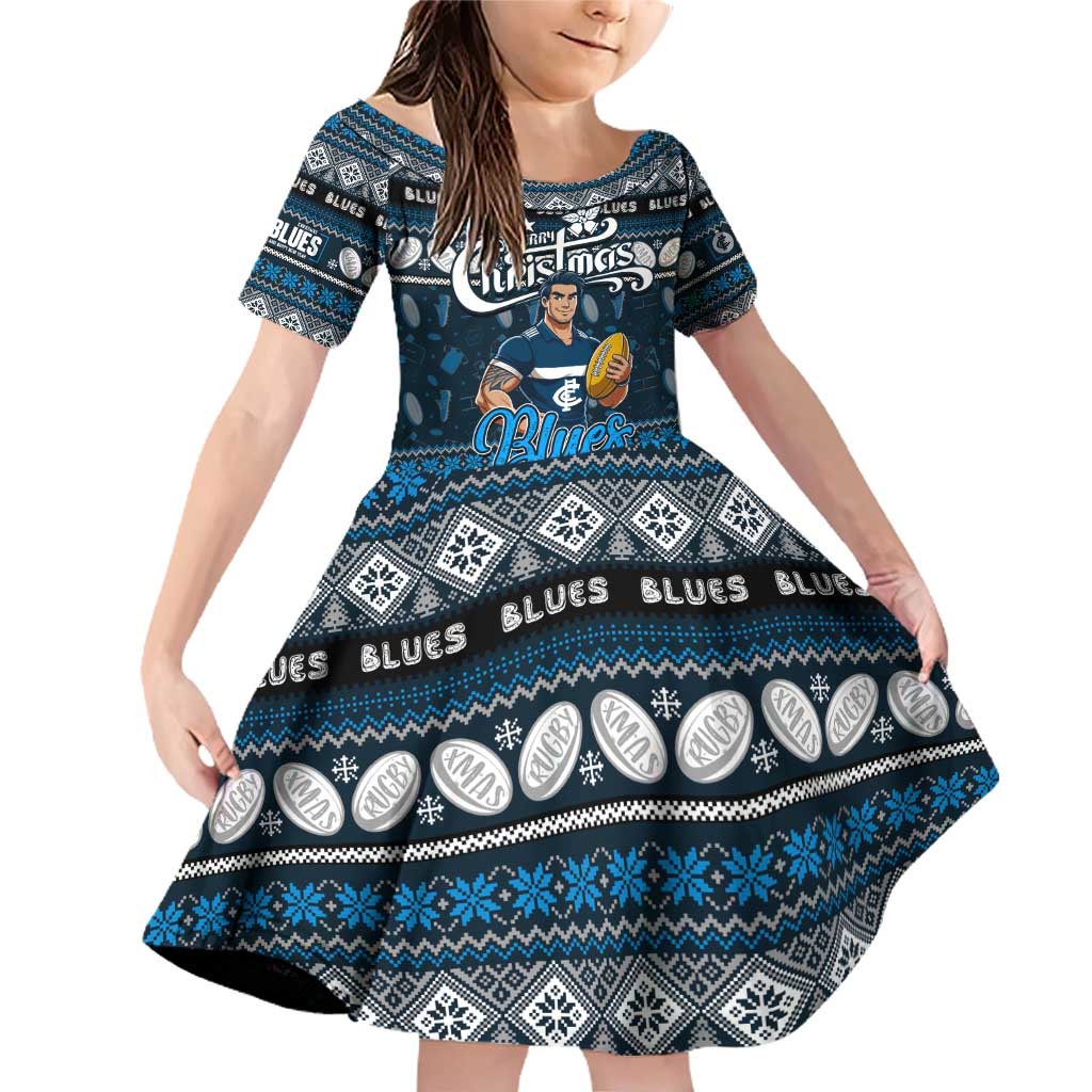 Personalized Blues Rugby Xmas Family Matching Off Shoulder Short Dress and Hawaiian Shirt Australia AFL Mascot