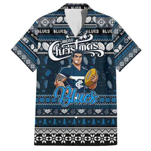 Personalized Blues Rugby Xmas Family Matching Off Shoulder Short Dress and Hawaiian Shirt Australia AFL Mascot