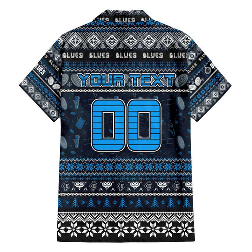 Personalized Blues Rugby Xmas Family Matching Off Shoulder Short Dress and Hawaiian Shirt Australia AFL Mascot
